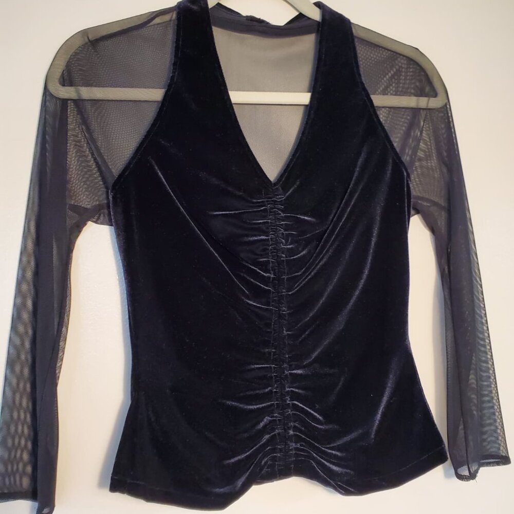 Cashet black stretch velvet blouse, V-neck, Size S